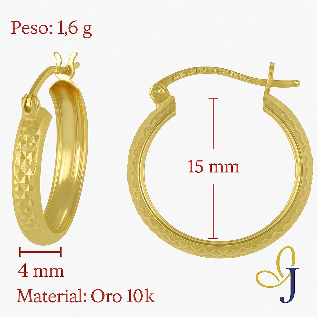 Diamond Hoop Earrings 10k Gold Honeycomb Style Bangle, 4mm Wide