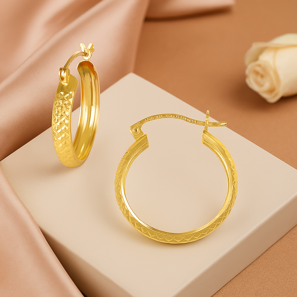 Diamond Hoop Earrings 10k Gold Honeycomb Style Bangle, 4mm Wide