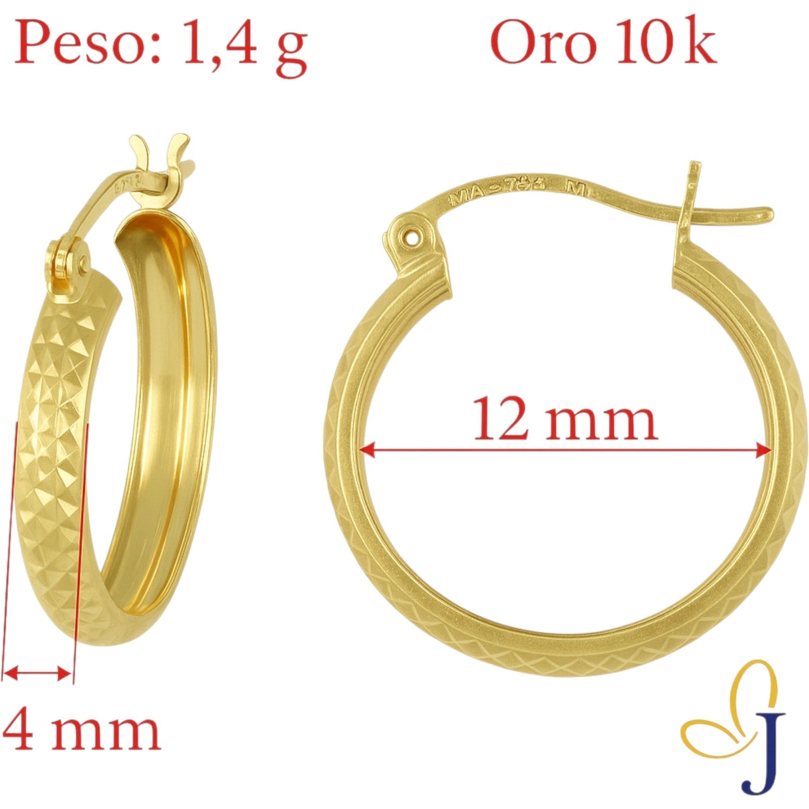Diamond Hoop Earrings 10k Gold Honeycomb Style Bangle, 4mm Wide
