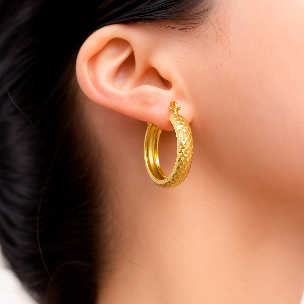 Diamond Hoop Earrings 10k Gold Honeycomb Style Bangle, 4mm Wide