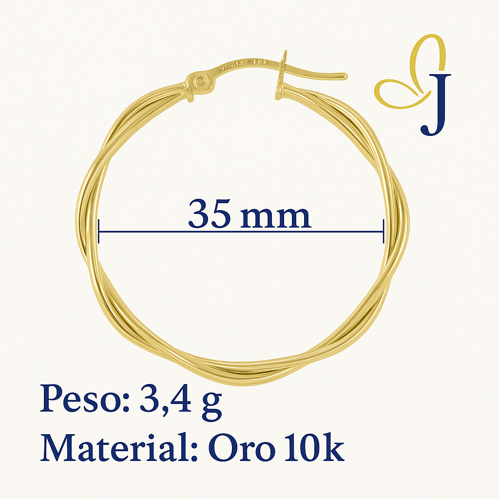 Arracada Earring With Smooth Twisted Tubes Of 10k Gold, 35Mm