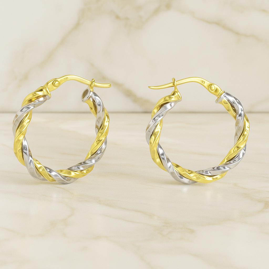 Earrings with twisted tubes in 14K Yellow and White Gold
