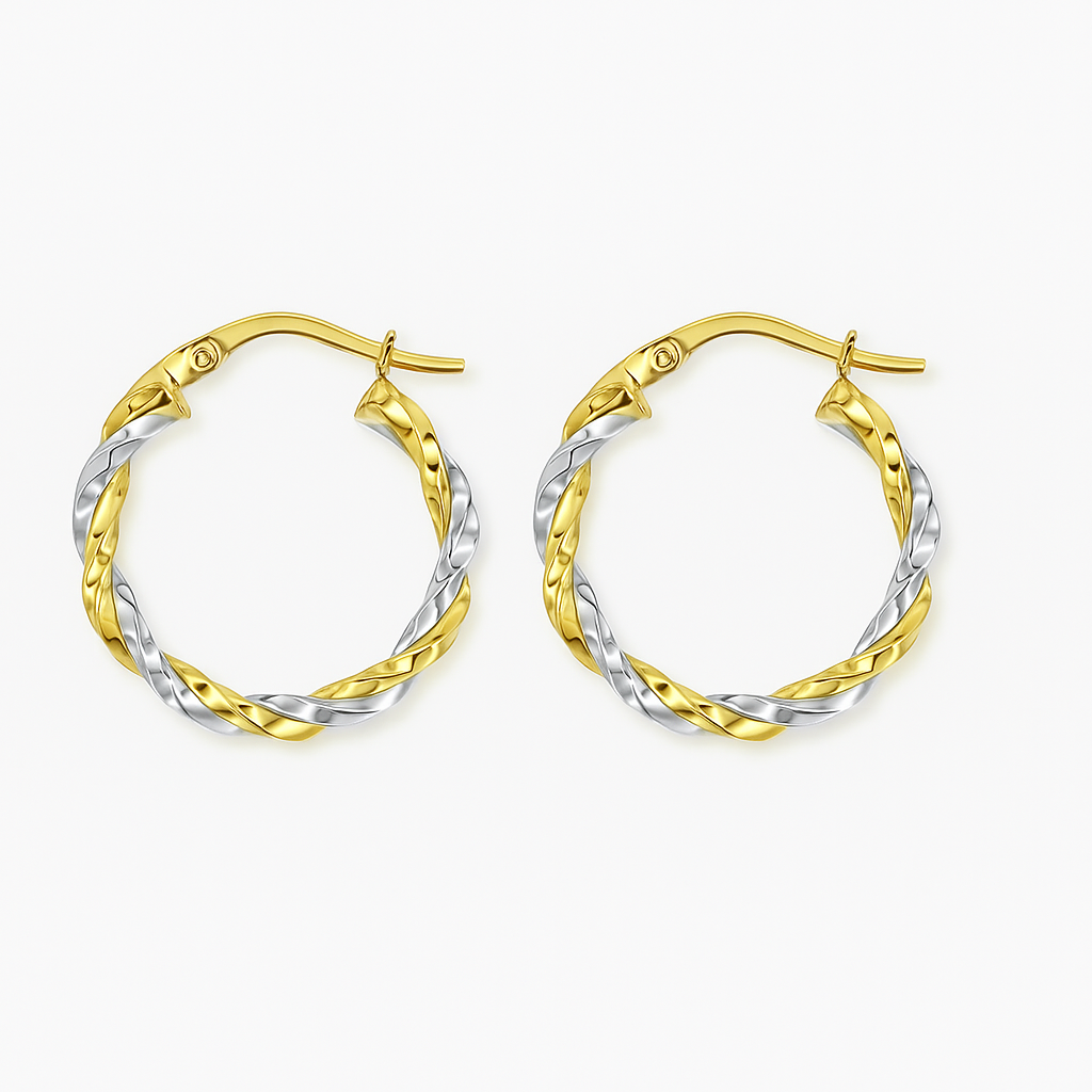 Earrings with twisted tubes in 14K Yellow and White Gold