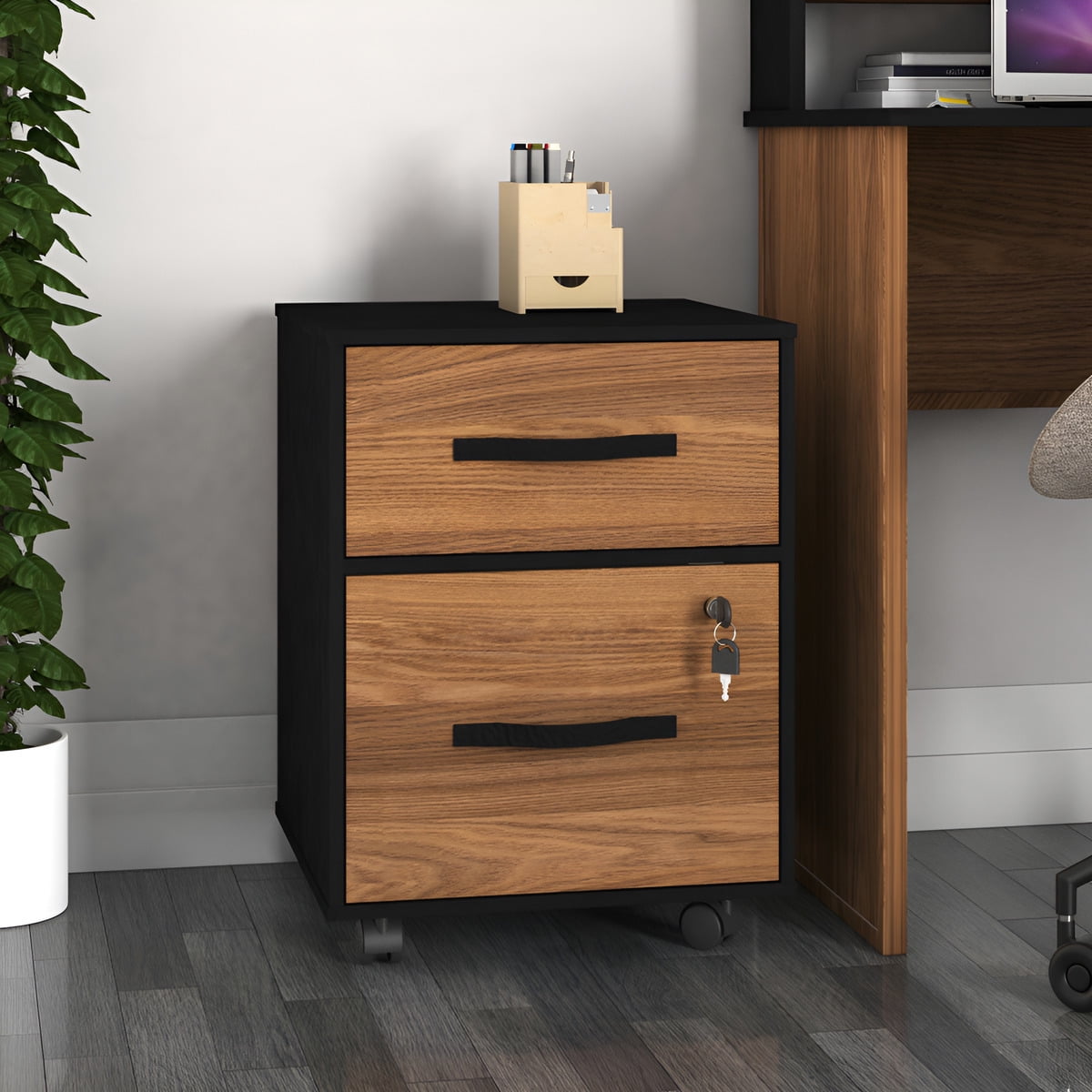 Essential 2-Drawer Letter-Size Filing Cabinet, One Drawer with Lock, 4 Wheels, Playcon Textured Laminate Top