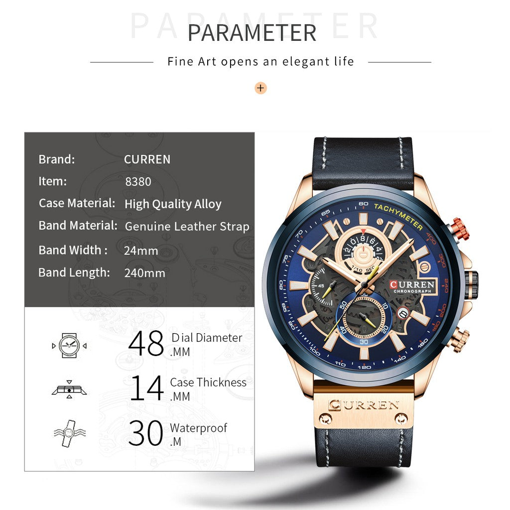Curren Multifunctional True Three Eyes Chronograph Watch with Waterproof Leather Strap 8380 XS