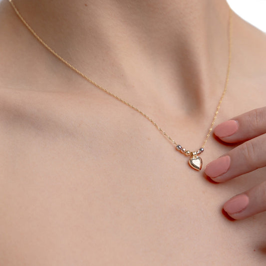Italian choker 14k or 10k with puffed heart and tricolor beads