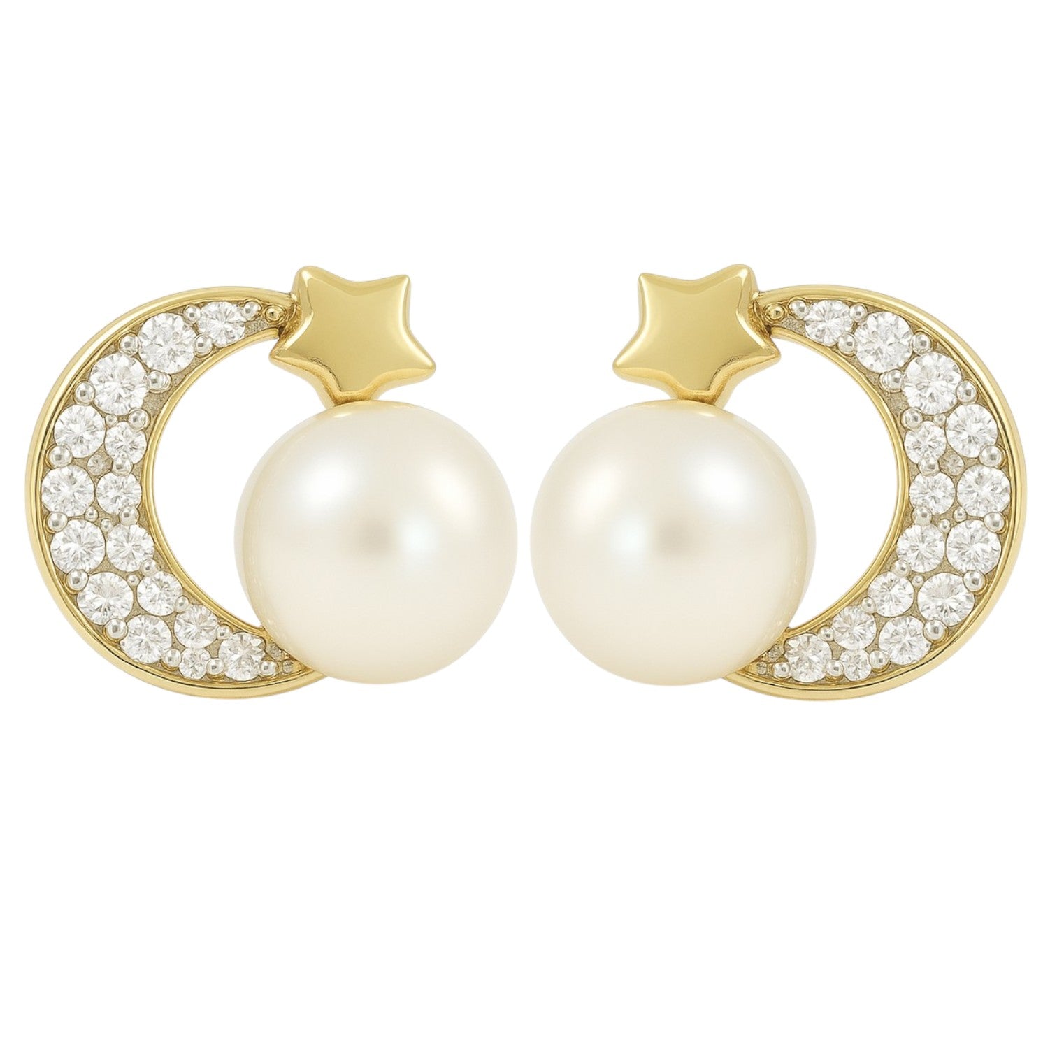 10k Gold Moon Earrings with Cubic Zirconia and Pearl
