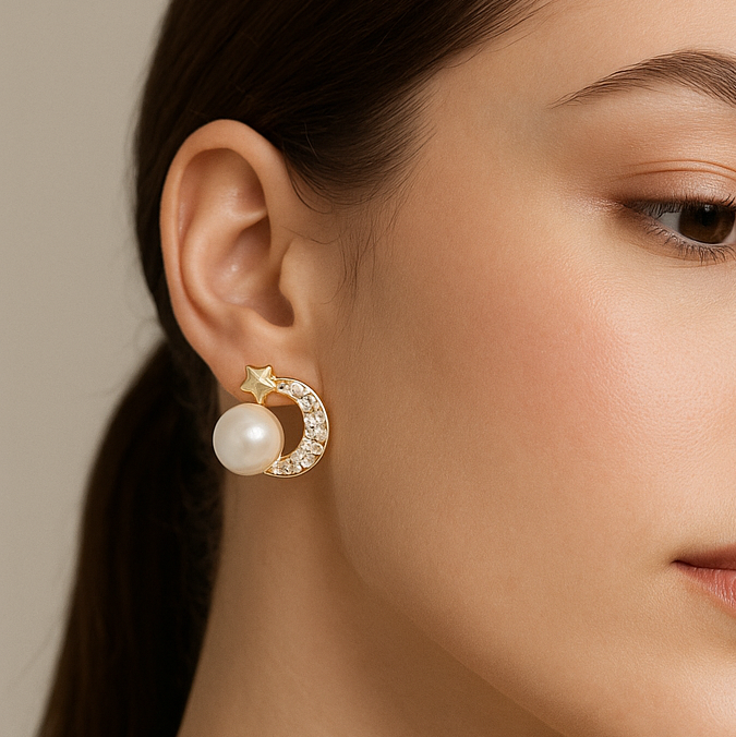 10k Gold Moon Earrings with Cubic Zirconia and Pearl