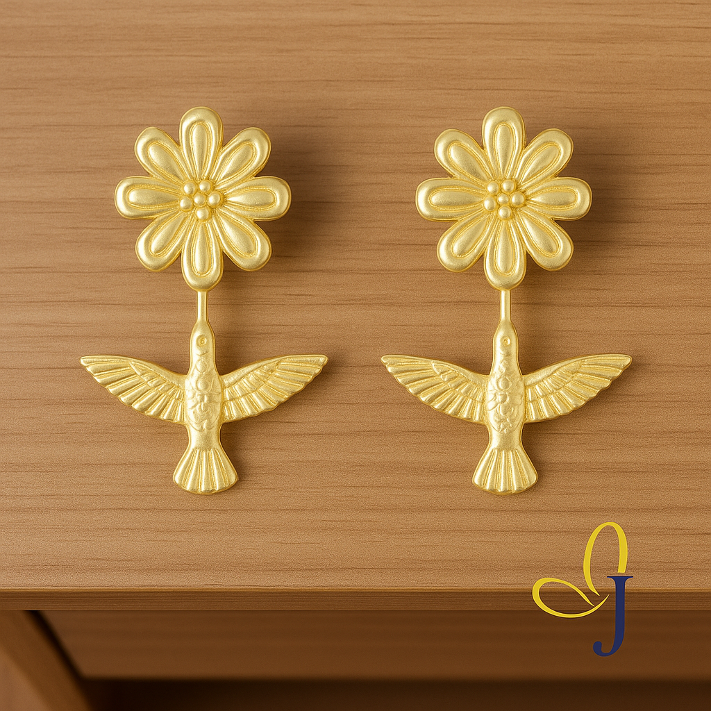 Hummingbird Stud Earring with Flower in 10K Gold