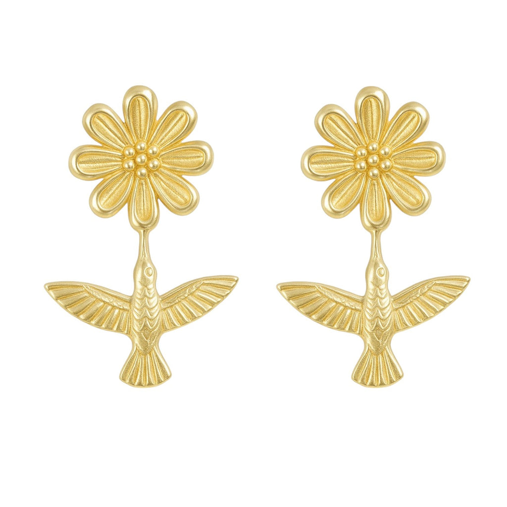 Hummingbird Stud Earring with Flower in 10K Gold