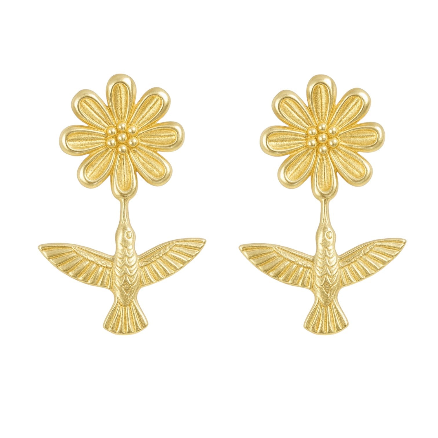 Hummingbird Stud Earring with Flower in 10K Gold