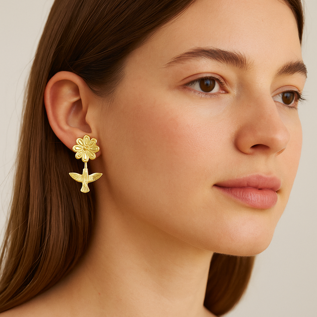 Hummingbird Stud Earring with Flower in 10K Gold