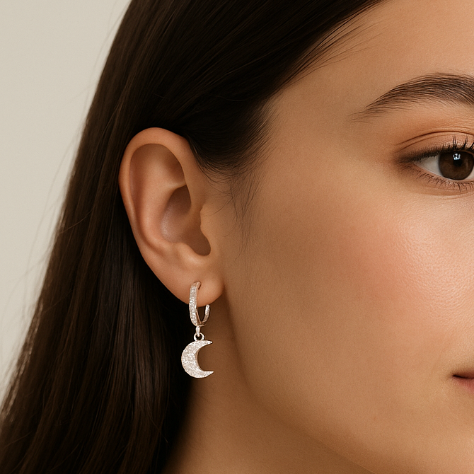 925 Sterling Silver Huggie Earrings with Moon Pendant and Cubic Zirconia