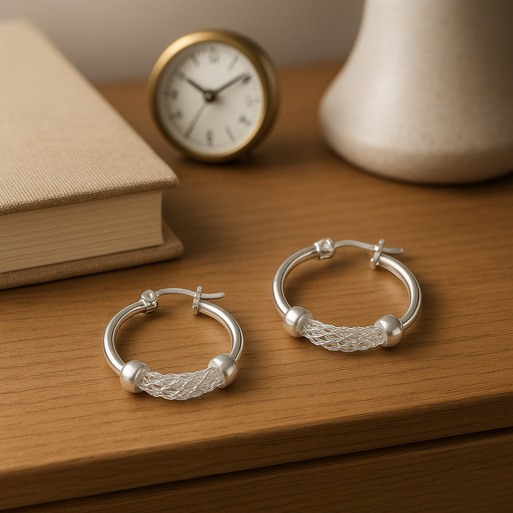 Plain Hoop Earrings with 925 Silver Mesh and 15mm Mesh