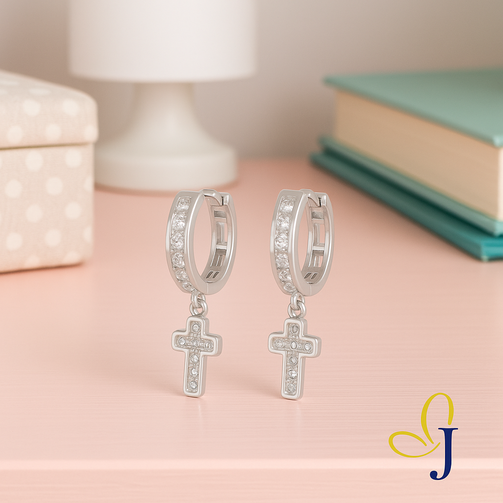 925 Sterling Silver Huggie Earrings with Cross and Cubic Zirconia Charms