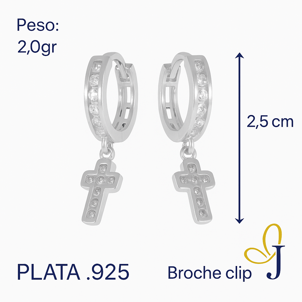 925 Sterling Silver Huggie Earrings with Cross and Cubic Zirconia Charms