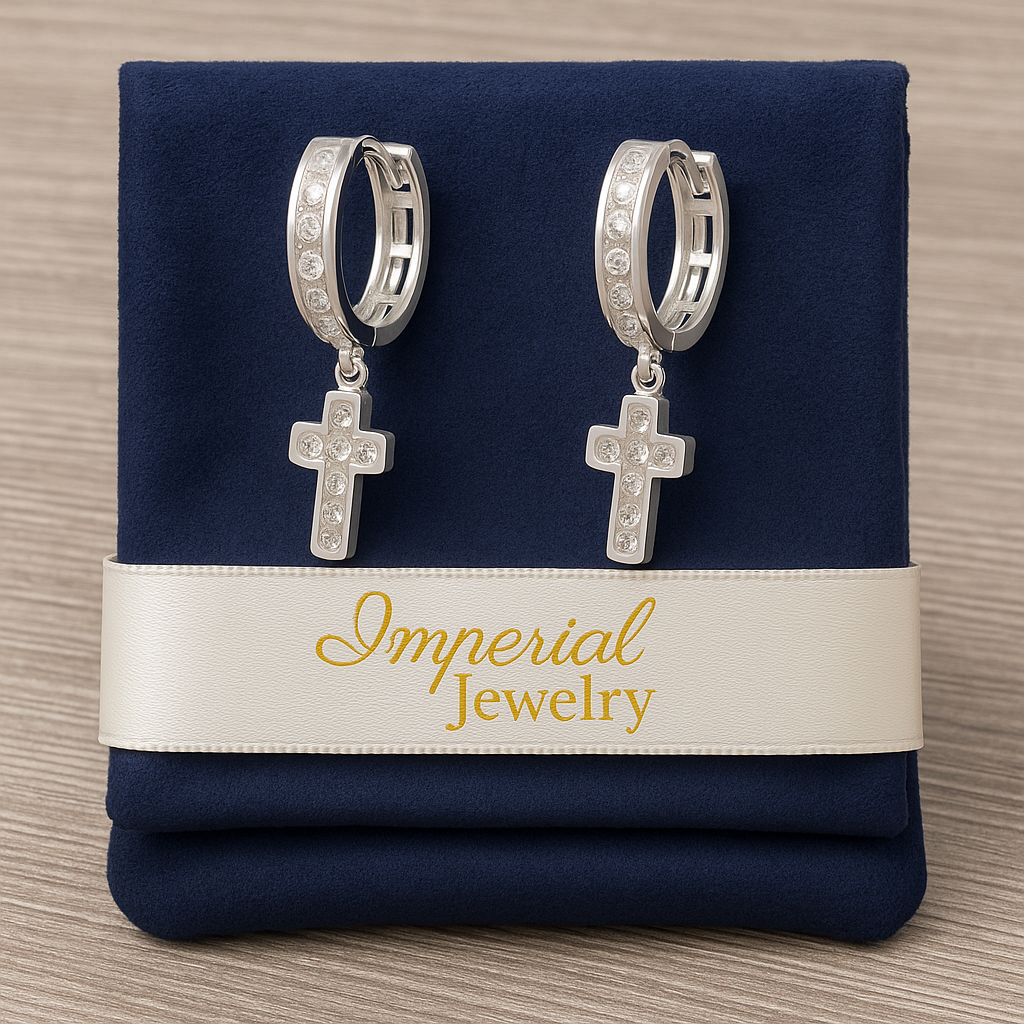 925 Sterling Silver Huggie Earrings with Cross and Cubic Zirconia Charms