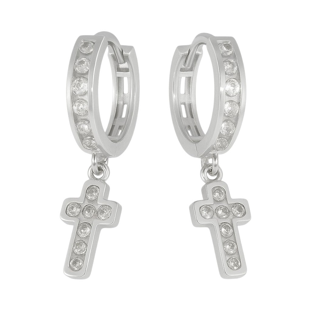 925 Sterling Silver Huggie Earrings with Cross and Cubic Zirconia Charms
