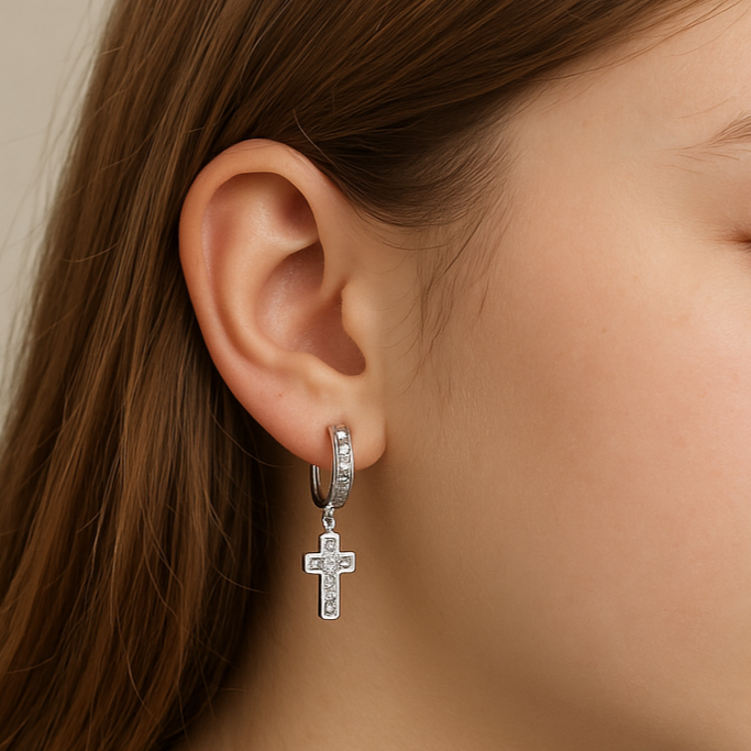 925 Sterling Silver Huggie Earrings with Cross and Cubic Zirconia Charms