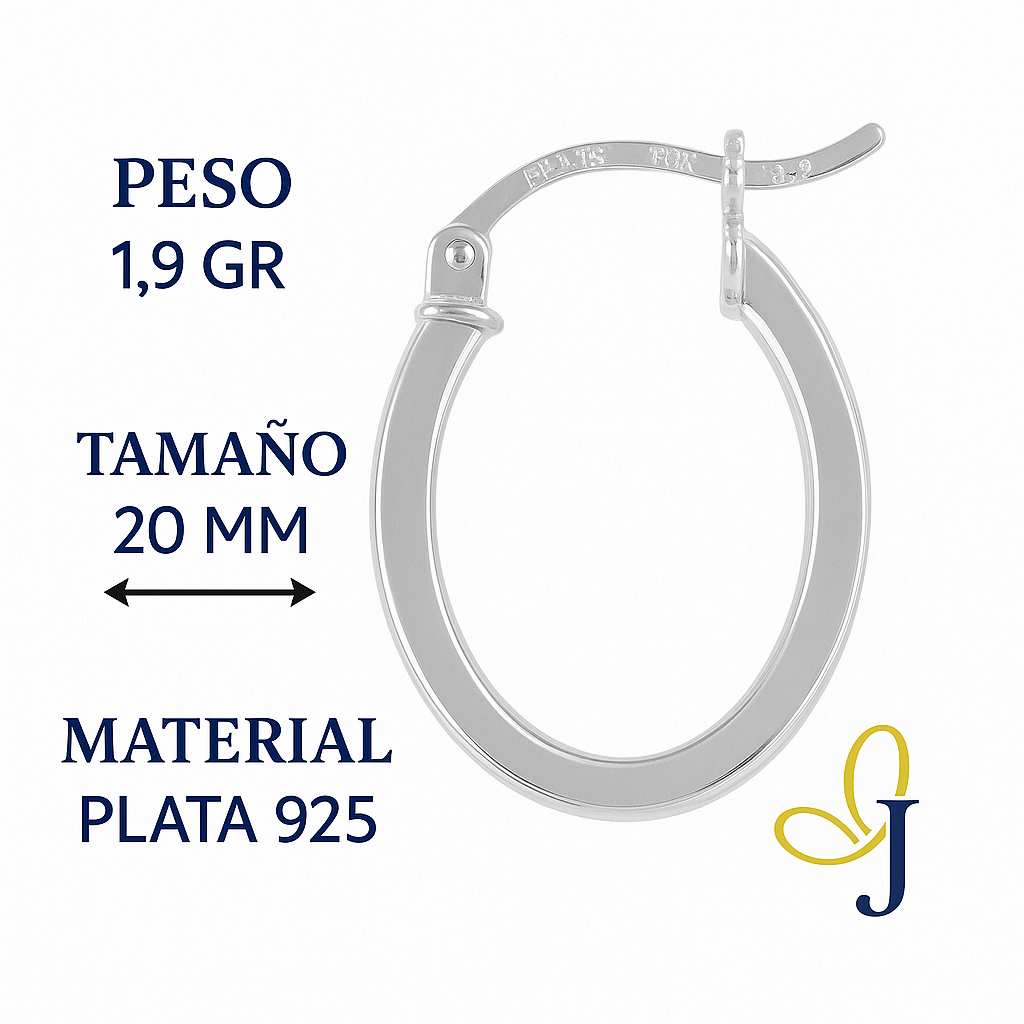 Arete Ovalado De Tubo Cuadarado De Plata 925 Liso De 20 Mm