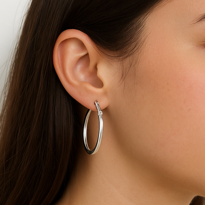Oval Earring with Square Tube in 925 Sterling Silver, Plain, 20mm