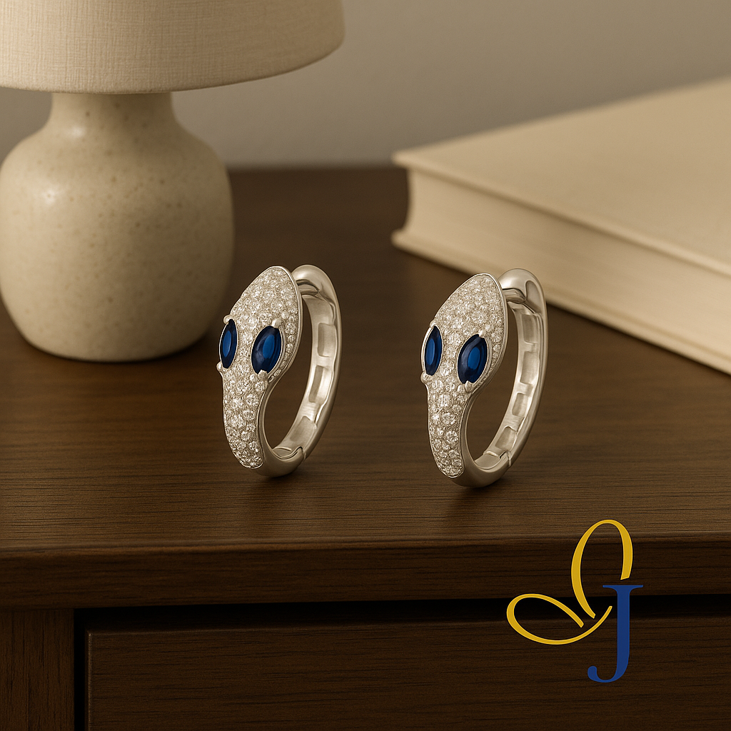925 Sterling Silver Snake Earring with White and Blue Zirconia