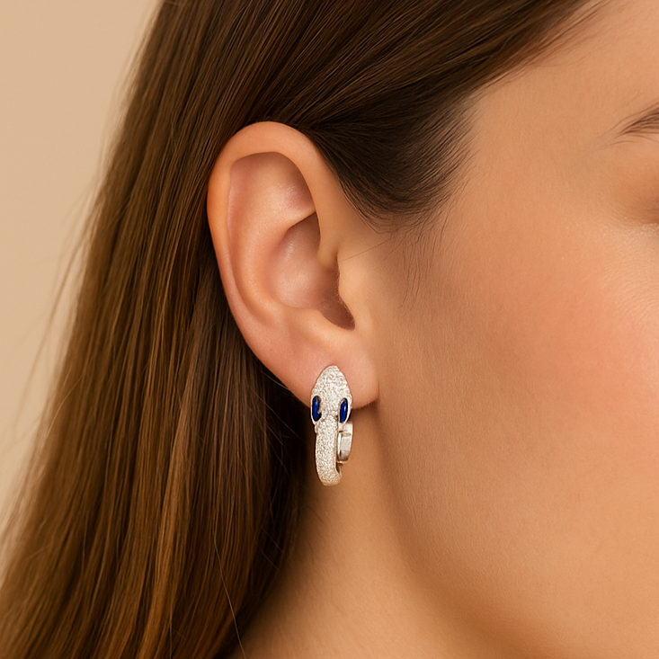 925 Sterling Silver Snake Earring with White and Blue Zirconia