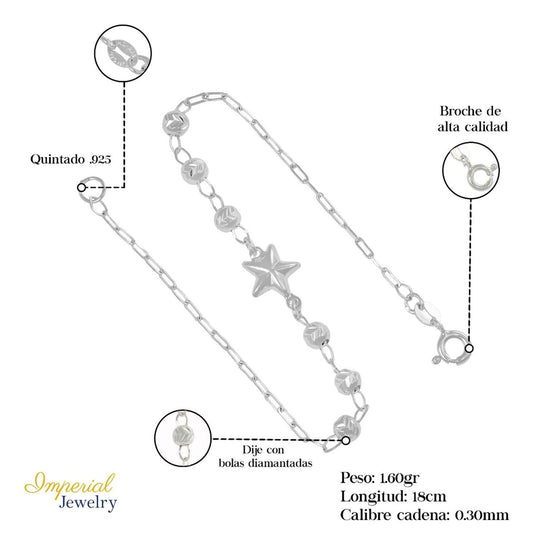 Pulsera De Plata 925 Con Estrella Y Bola Diamantada 18 Cm
