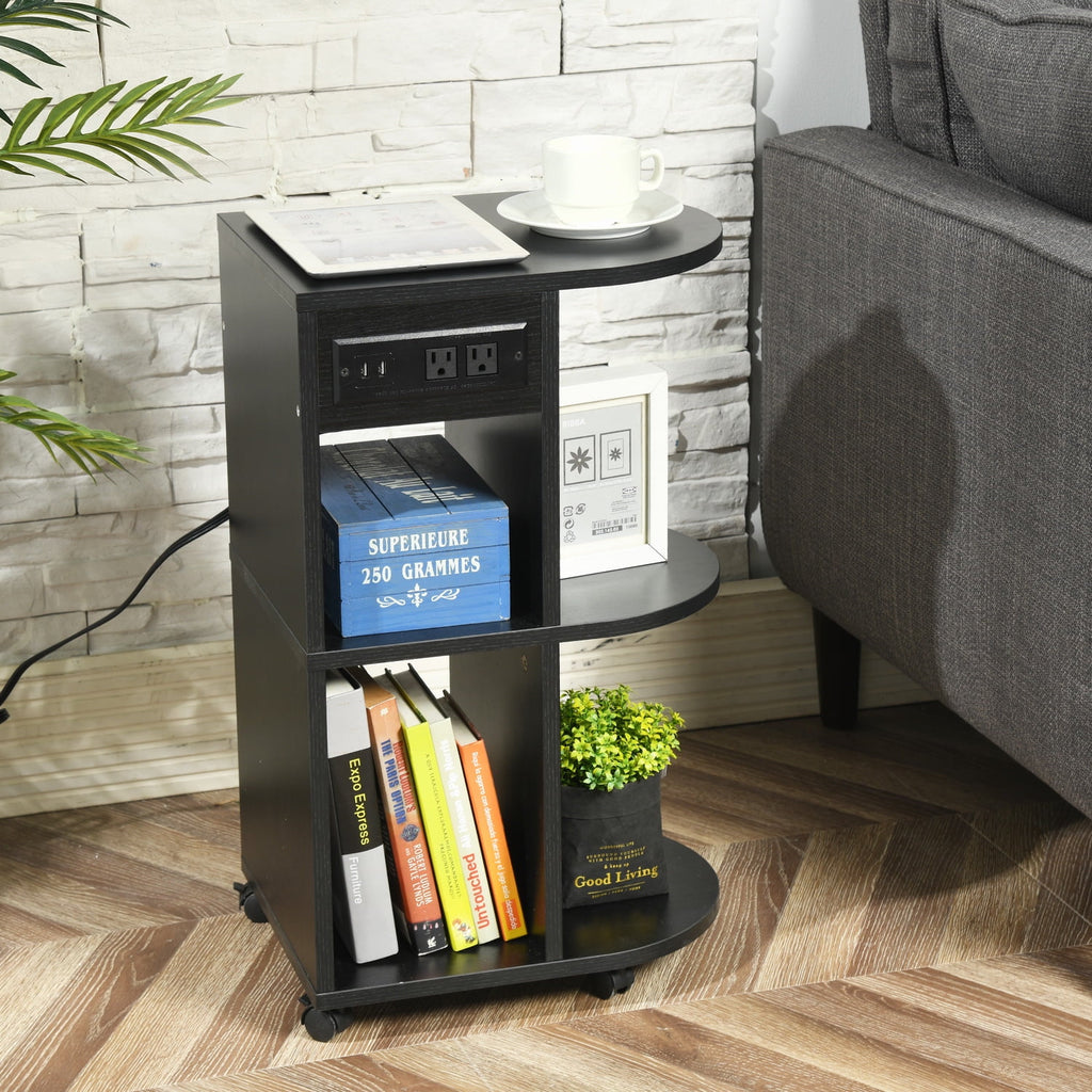 Homemake Furniture Black Wooden Desk with Wheels, with 2 USB Ports, 2 Sockets and Storage