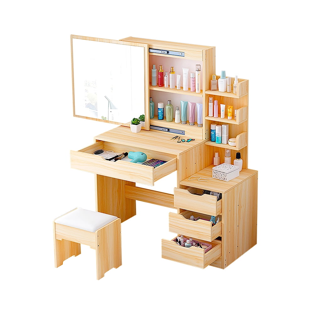 Bedroom vanity with bench and mirror, light brown color