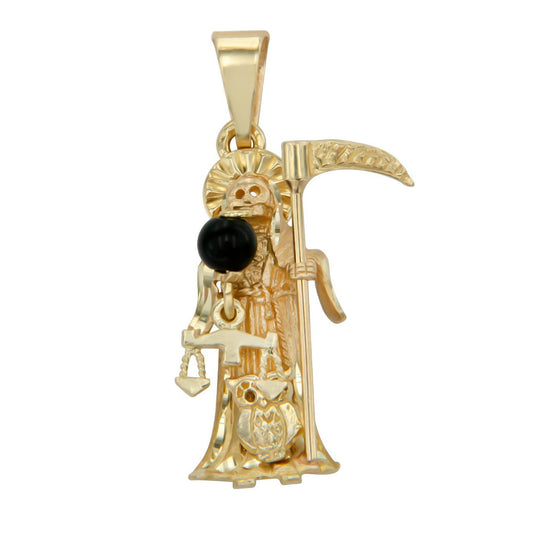 Dije De La Santa Muerte En Oro De 10k Con Piedra Ónix