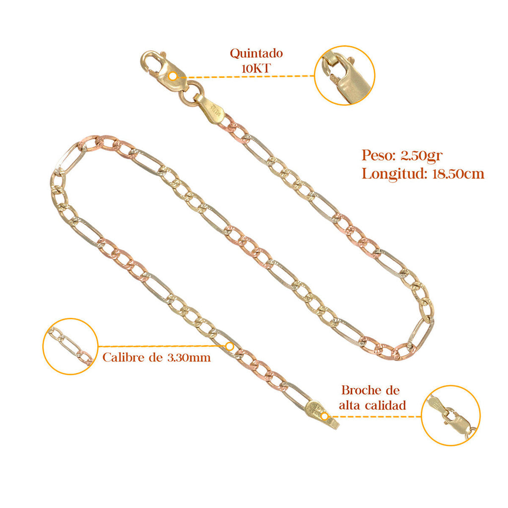 Italian 3x1 Tricolor Bracelet, 10 Carat, 3.3mm, 18.5cm