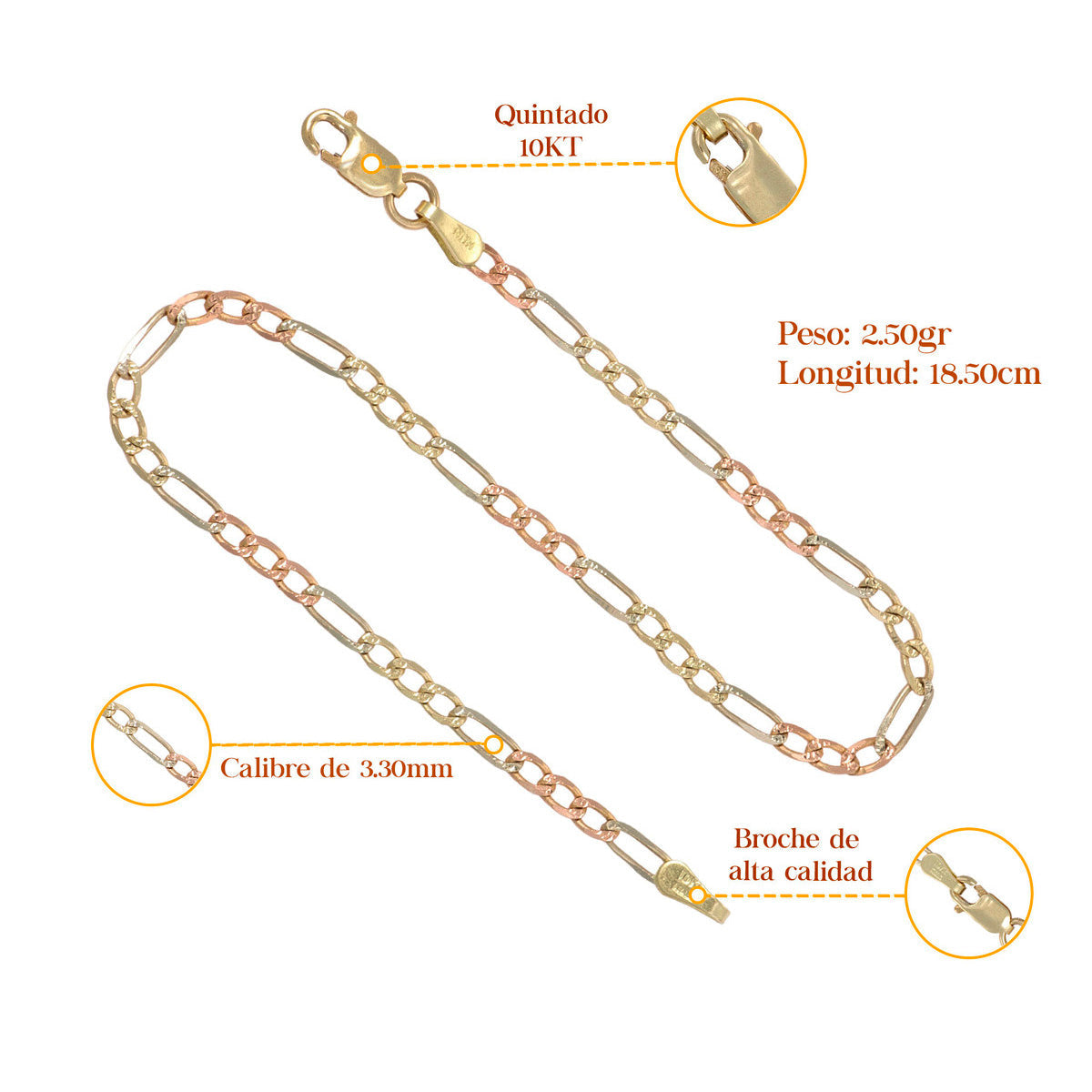 Italian 3x1 Tricolor Bracelet, 10 Carat, 3.3mm, 18.5cm