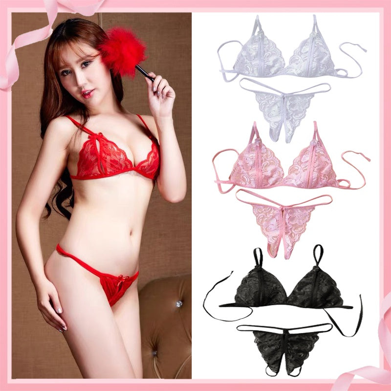 (Sexy lingerie) erotic women's lace see-through triangle cup open crotch bra panties underwear set