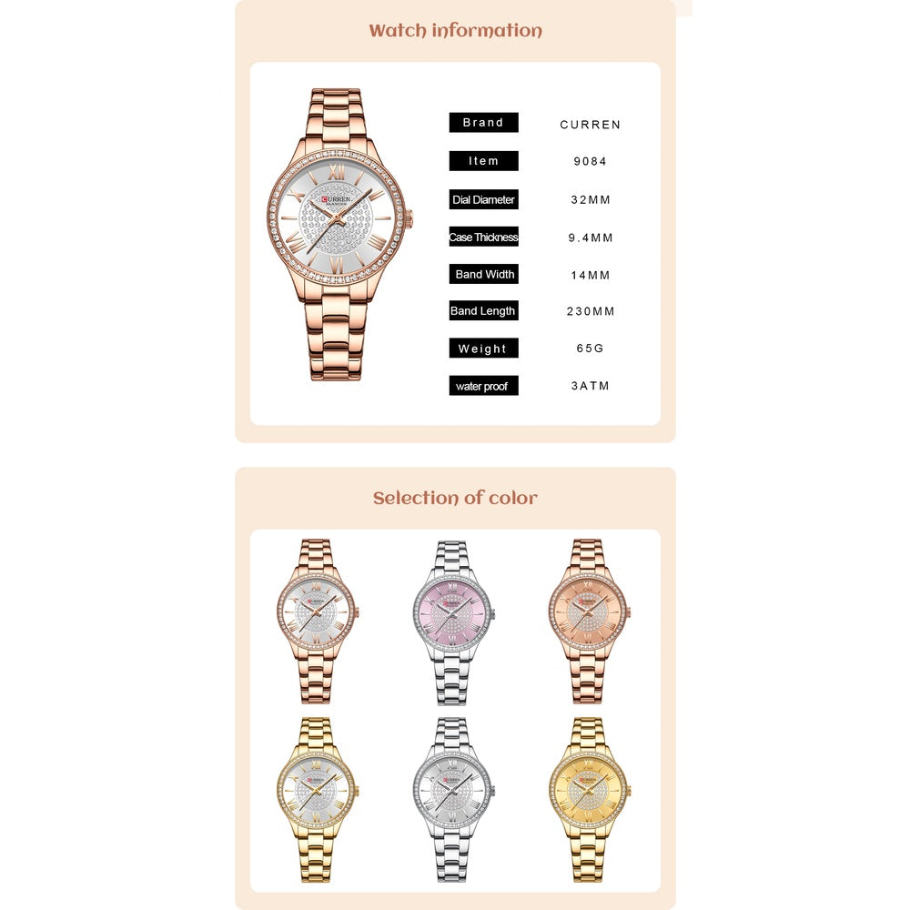 CURREN Women's Watches Original Brand Fashion Casual Sports Quartz Stainless Steel Waterproof 9084