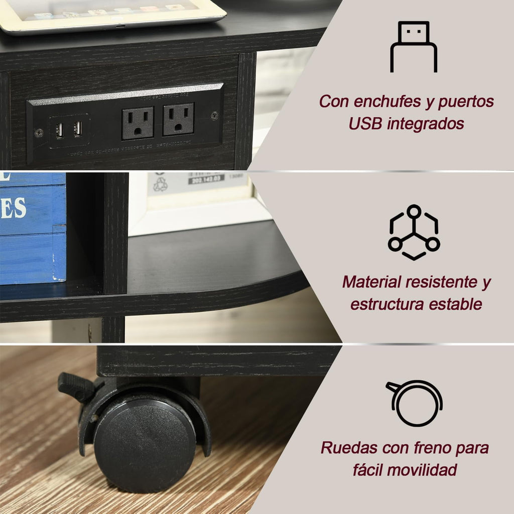 Homemake Furniture Black Wooden Desk with Wheels, with 2 USB Ports, 2 Sockets and Storage