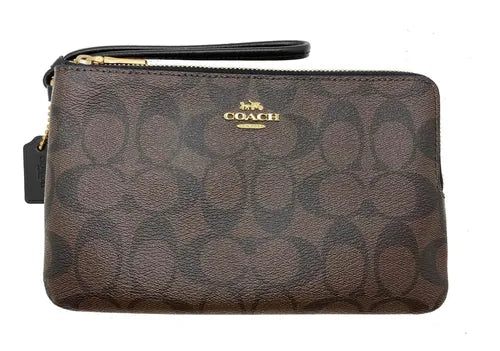 Coach Sig PVC Large Double Zip Wallet Brown Black