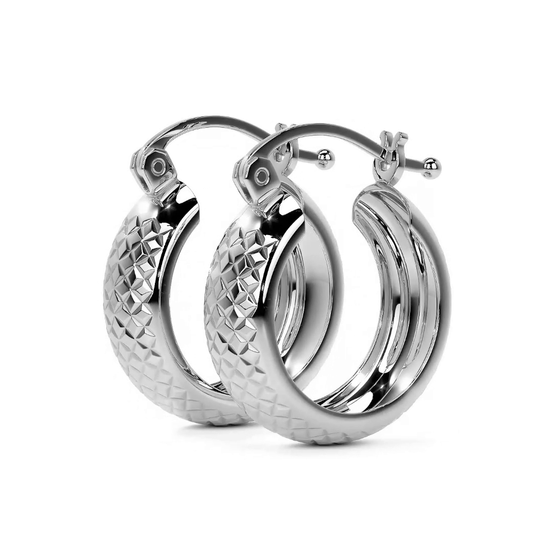 Diamond Cut Hoop Earrings in 925 Sterling Silver, Bangle Style, Honeycomb