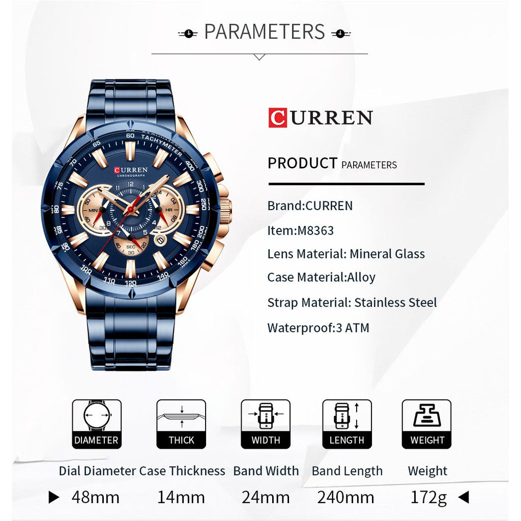 Curren New Quartz Watch with Sport Chronograph in Stainless Steel Curren New Quartz Watch with Luminous Hands 8363