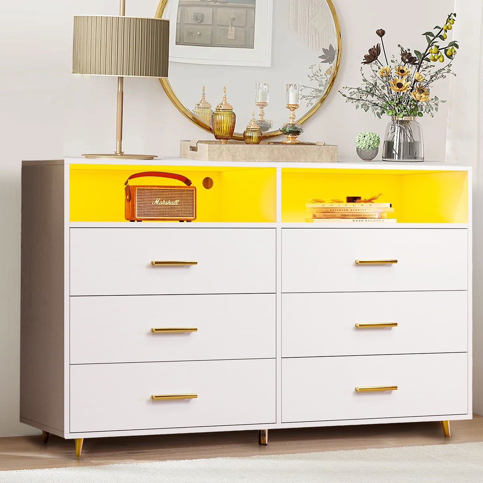 6-Drawer Chest of Drawers with LED Light, Modern Design for Bedroom - White