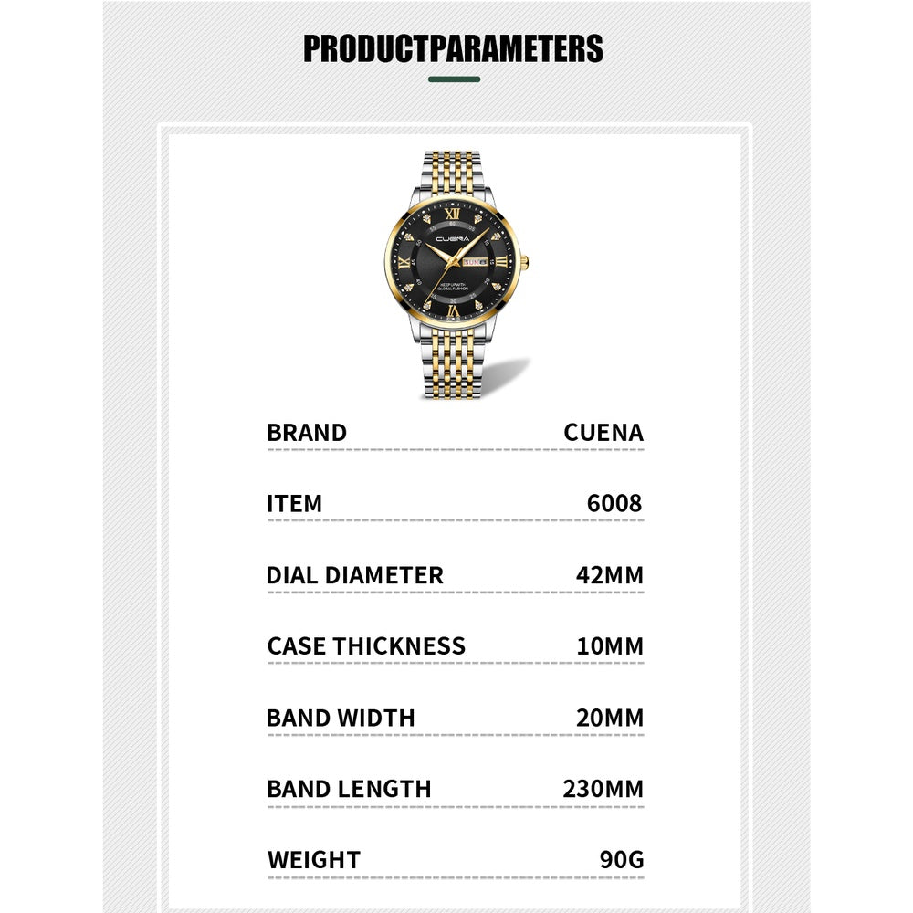 CUENA Men's Watches Original Brand Fashion Luxury Casual Business Stainless Steel 6008