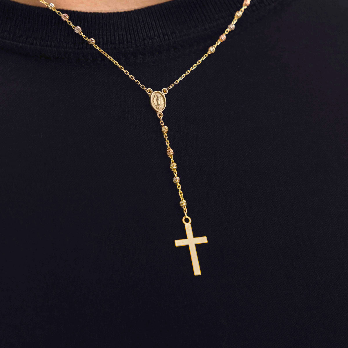 14 Karat Gold Rosary with 3 Tricolor Beads, 50cm