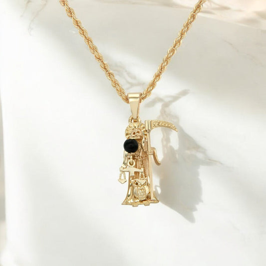 Dije De La Santa Muerte En Oro De 10k Con Piedra Ónix