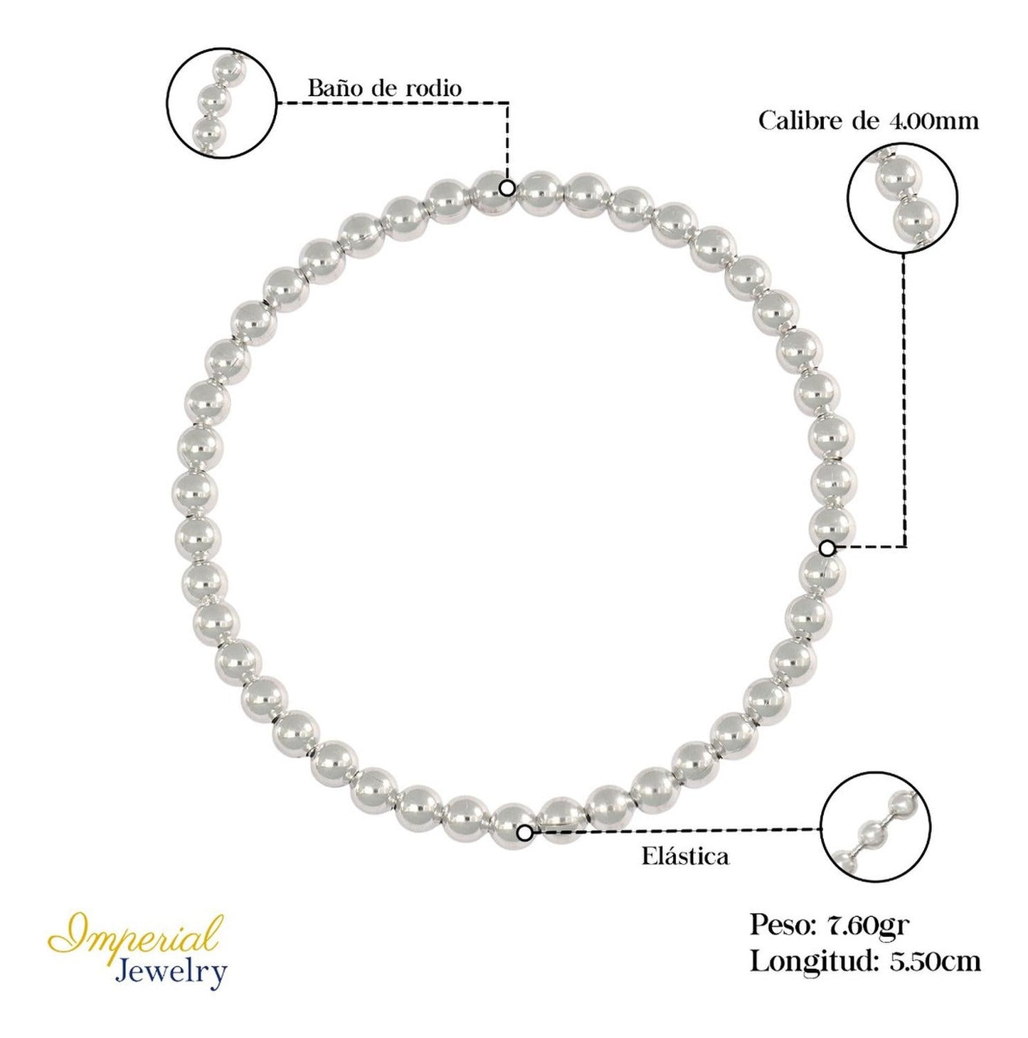 Pulsera De Bolitas De Plata 925 Elastica Con Baño De Rodio