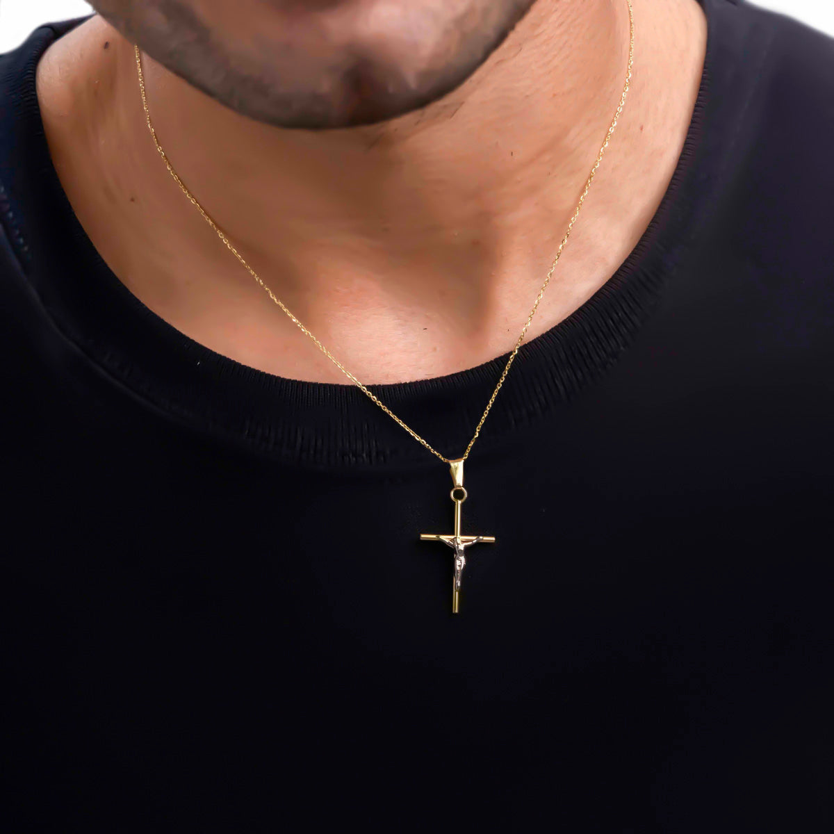 10k Gold Rhodium Plated Christ Tube Cross Pendant