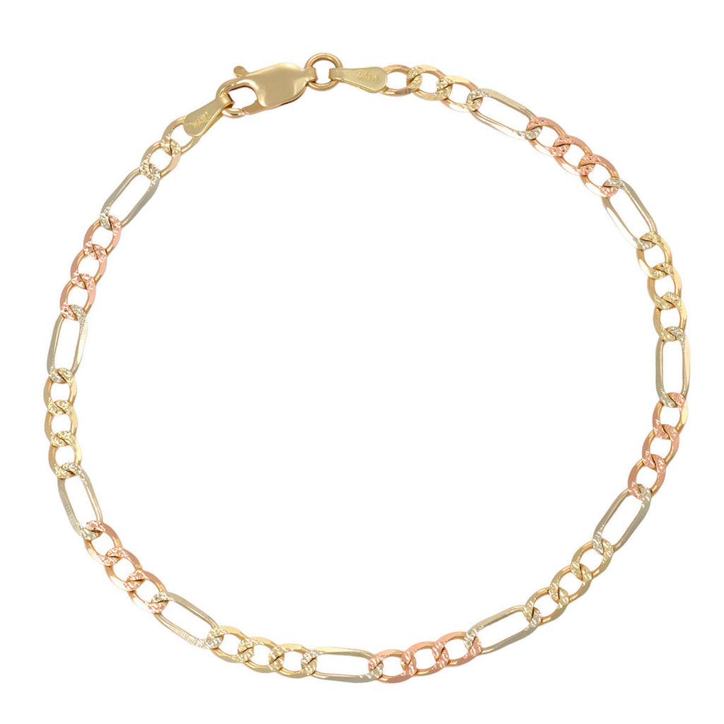 Italian 3x1 Tricolor Bracelet, 10 Carat, 3.3mm, 18.5cm