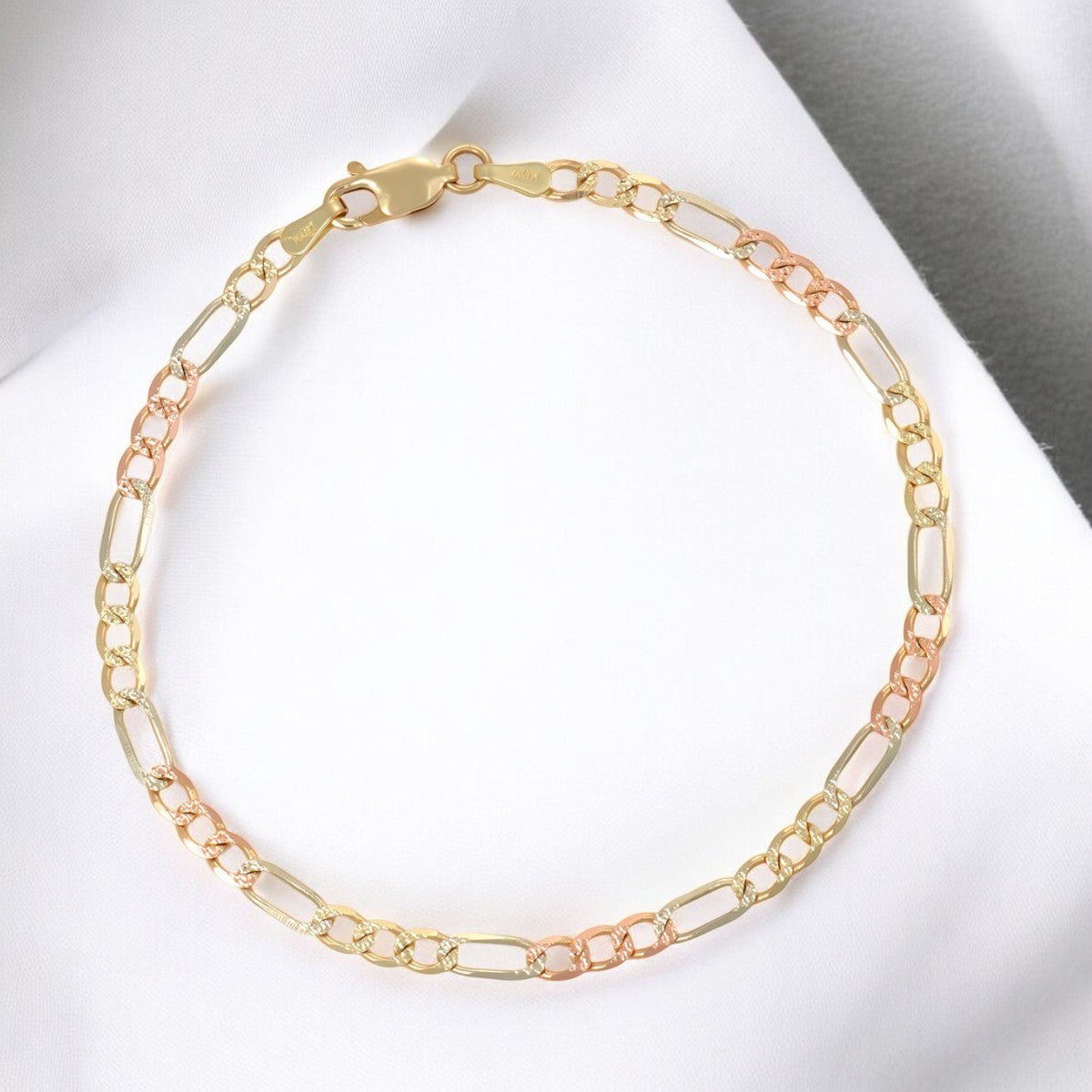 Italian 3x1 Tricolor Bracelet, 10 Carat, 3.3mm, 18.5cm