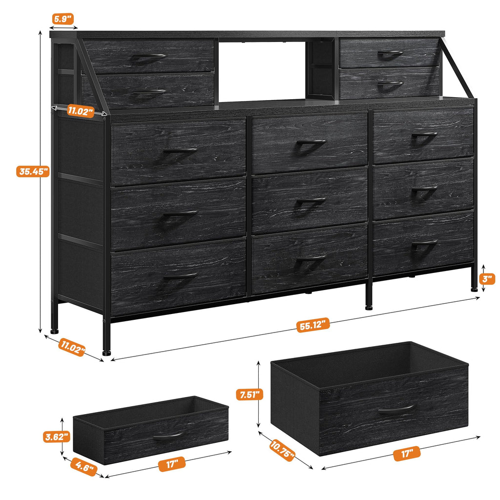 Bedroom Dresser with 13 Drawers, Long Dresser with Wooden Top and Chest of Drawers, Large Bedroom Dresser, Sturdy Metal Frame (Black)