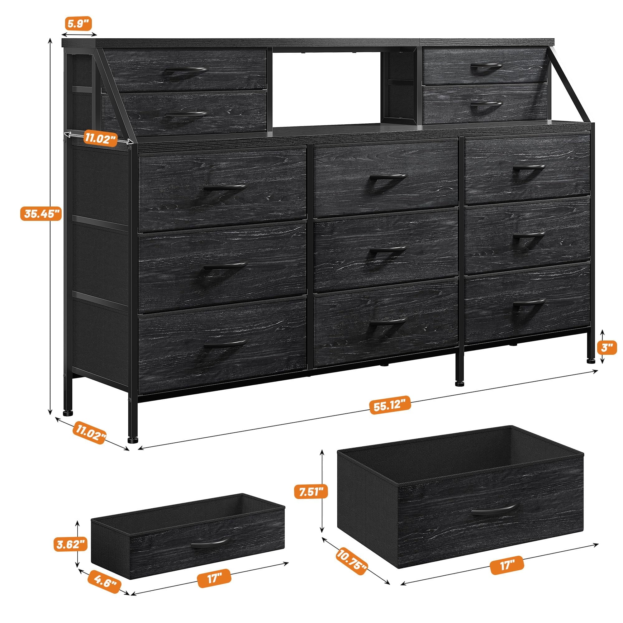 Bedroom Dresser with 13 Drawers, Long Dresser with Wooden Top and Chest of Drawers, Large Bedroom Dresser, Sturdy Metal Frame (Black)