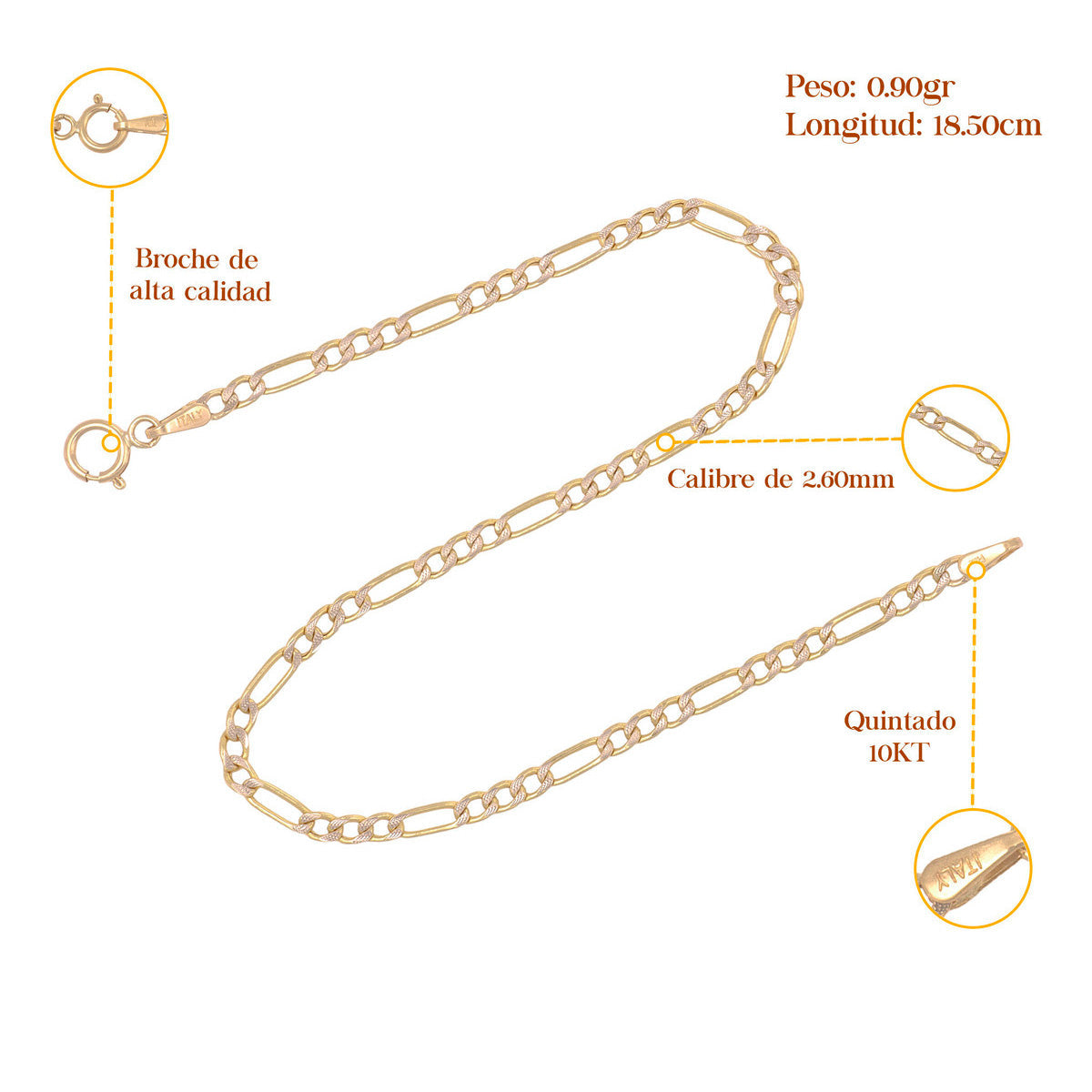 Italian Figaro Pave Bracelet, 10 Carat Gold, 2.6mm, 18.5cm